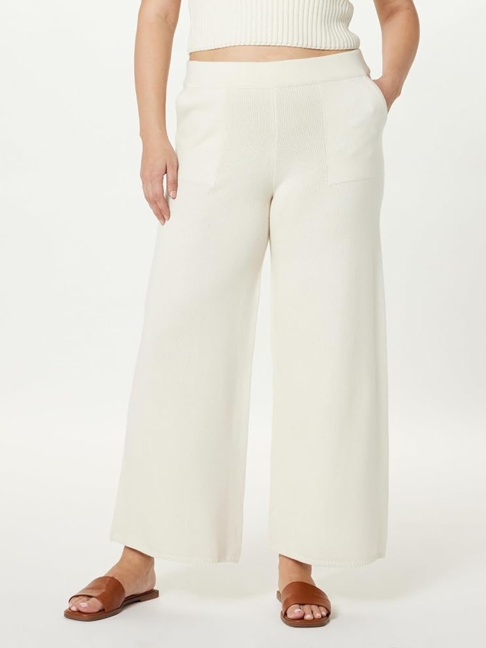 Wide-Leg Knit Pants in Cream with Patch Pockets